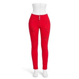 Silver Diva‎ Red Distressed Skinny Jeans High Rise Rhinestone Pocket Size 9